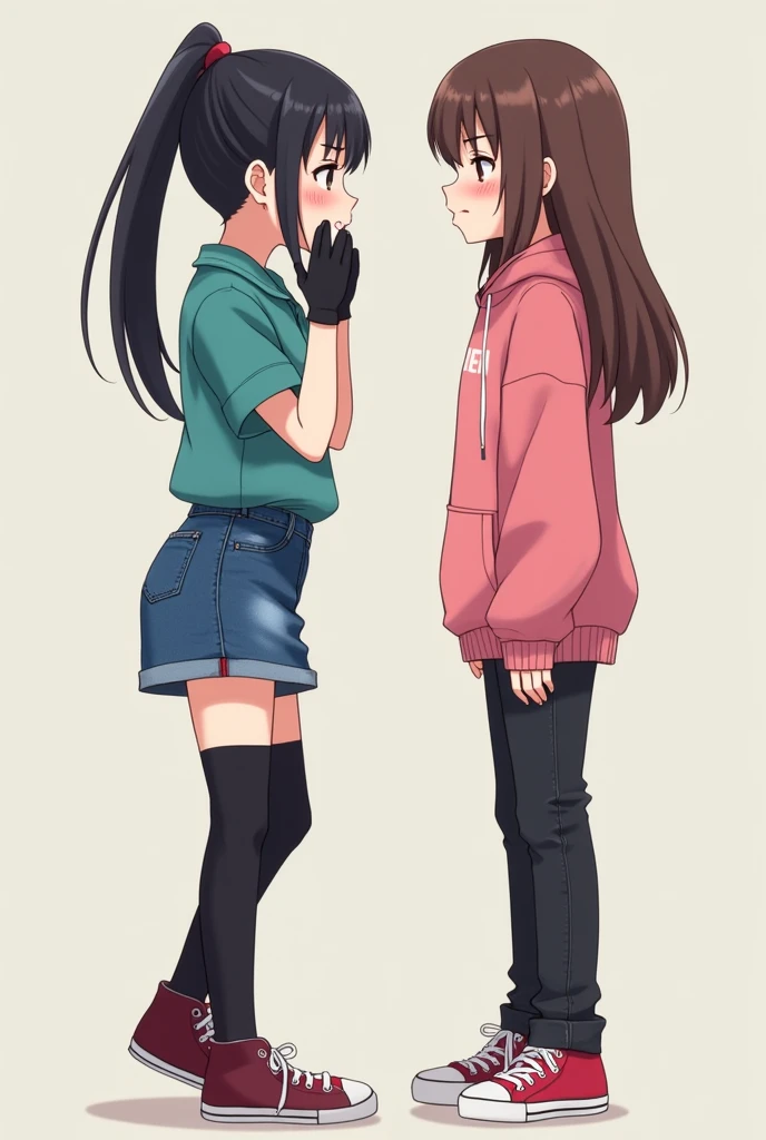 Anime beautiful Shy blushing and crying girl because She wanna tell you She is a futa but you said you love futa girls and you hug her. (you are cute lesbian girl to her that she love. Pink hoodie, black jeans and sneakckers and brown eyes and long brown hair with long bangs and 160 cm tall. ). Ayano Aishi has pale skin, dark grey eyes, and straight, mid-back length black hair. She stands at a height of 165 cm (5 ft. 5 in), weighs 43.5 kg (96 lbs.), and has average-sized breasts. Her hair is tied into a high ponytail with sharp bangs swept to the right, the middle one being the most prominent, and two strands of hair that frame her face, reaching to her shoulders. Ayano will wear a teal-green shirt, blue denim skirt, black thigh high socks, black gloves, and sneakers.