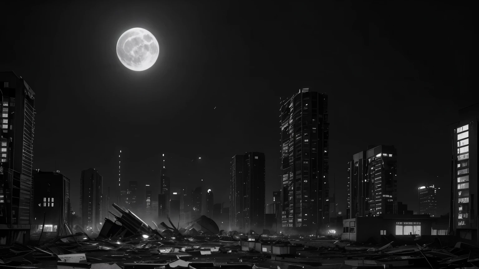 destroyed modern city broken buildings dark background japanese manga art black and white no colors with cracks very sad and gloomy at night bright moon stars