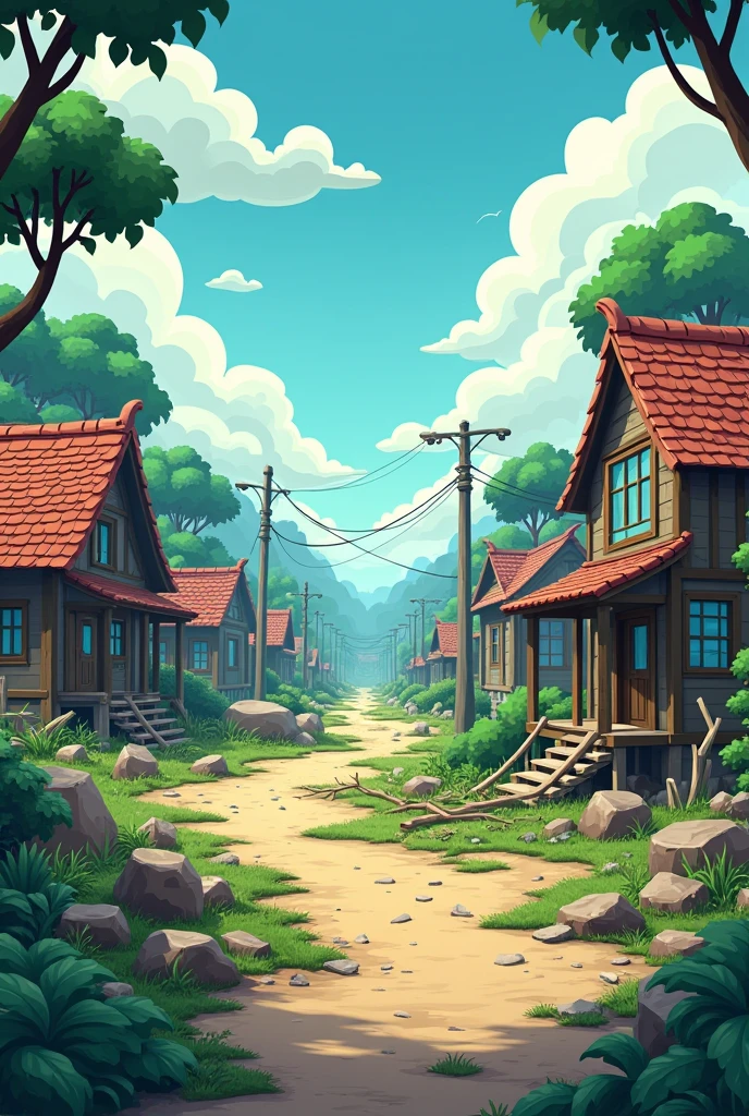 3D cartoon animation style.Aftermath of the Storm: The village in the aftermath of the storm, with a focus on the barren landscape and the desolate mood.