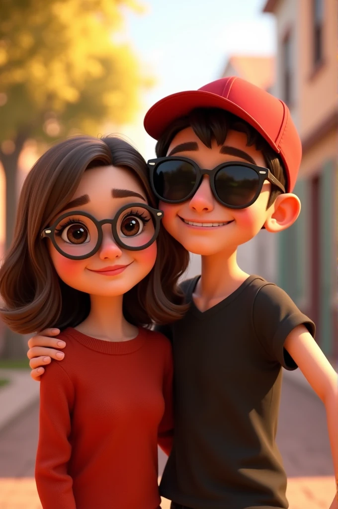 Pixar style image of a couple sitting down. The girl is in front taking the photo. She has a red sweater and glasses. She has wavy brown hair., white skin and wearing a red baseball cap, The boy behind her is white-skinned, He is wearing sunglasses and has straight hair combed back., He is wearing a black t-shirt, He is looking away smiling