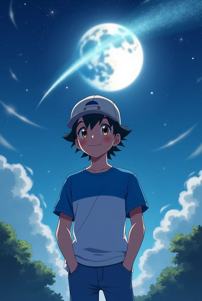 
(Ash_pokemom)(Brown eyes, blue and white t-shirt with jeans, hat )
, readiant smile, in the light of the moon, anime realistic , star , handsome guy , magic moment, 4k , only our , beautiful night, shooting star, smile, smile , looking front 