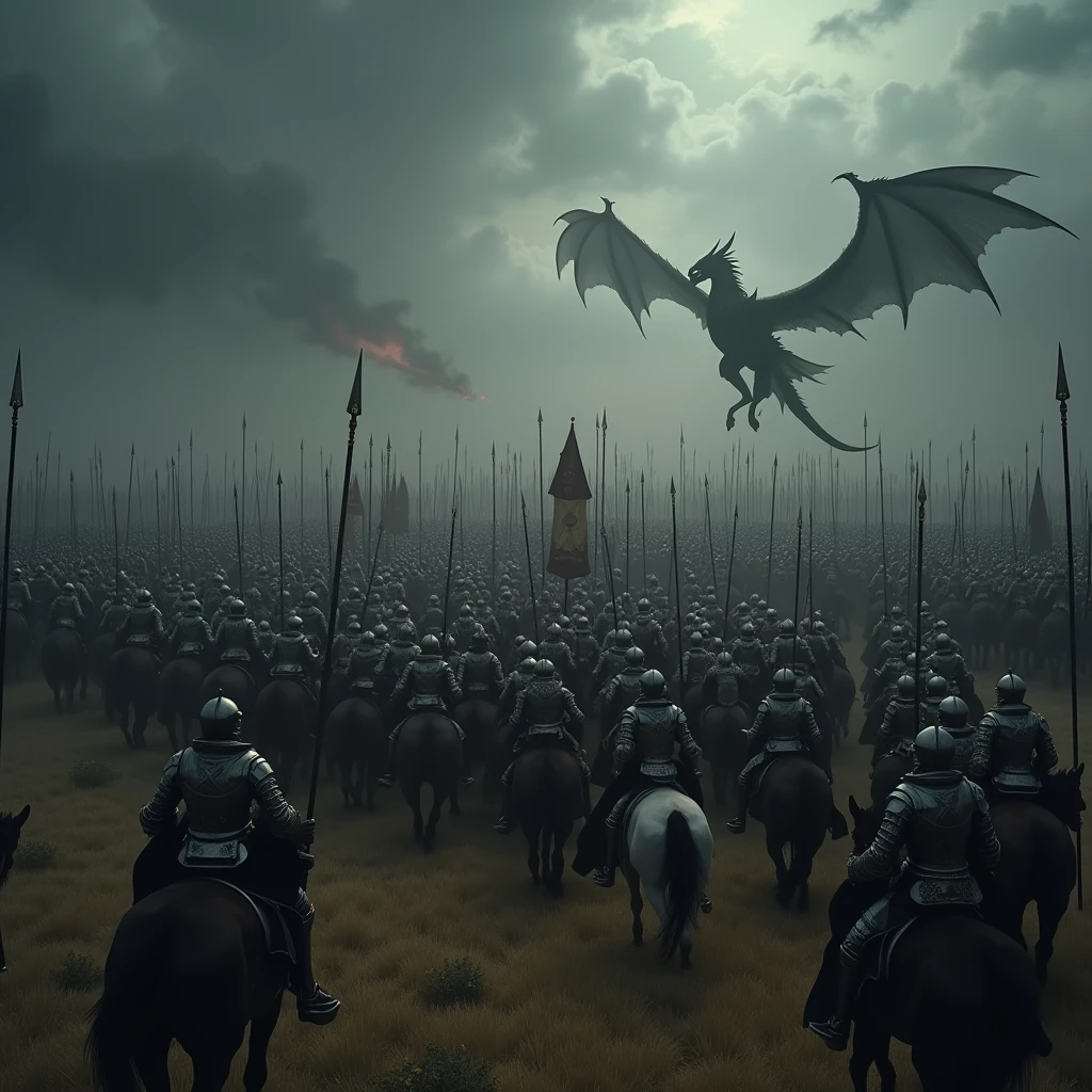 /imagine the aerial view shot of the back/rear view of a realistic intricately detailed calvary of millions medieval fantasy armored knights wielding spears, shields, swords and medieval fantasy banners/flags while mounted on heavily armoured medieval horses while riding towards another distant vast army in a phalanx medieval war formation featuring a dimly sunlit dark misty valley of pale yellow grass stormy dark grey clouds and giant black wyverns with enormous wingspans flying and spitting fire balls over the distant army in the background : cinematic lighting, dynamic lighting blends seamlessly with natural light, ultra HD resolution, photography, photorealistic quality, high details, dark grey monochromatic atmospheric color grading, extreme dark grey atmospheric haze/fog, foggy ambience/atmosphere, realistic.