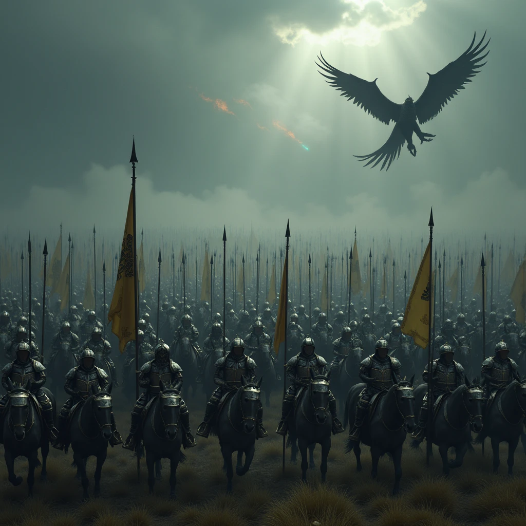 /imagine the aerial view shot of the back/rear view of a realistic intricately detailed calvary of millions medieval fantasy armored knights wielding spears, shields, swords and medieval fantasy banners/flags while mounted on heavily armoured medieval horses while riding towards another distant vast army in a phalanx medieval war formation featuring a dimly sunlit dark misty valley of pale yellow grass stormy dark grey clouds and giant black wyverns with enormous wingspans flying and spitting fire balls over the distant army in the background : cinematic lighting, dynamic lighting blends seamlessly with natural light, ultra HD resolution, photography, photorealistic quality, high details, dark grey monochromatic atmospheric color grading, extreme dark grey atmospheric haze/fog, foggy ambience/atmosphere, realistic.
