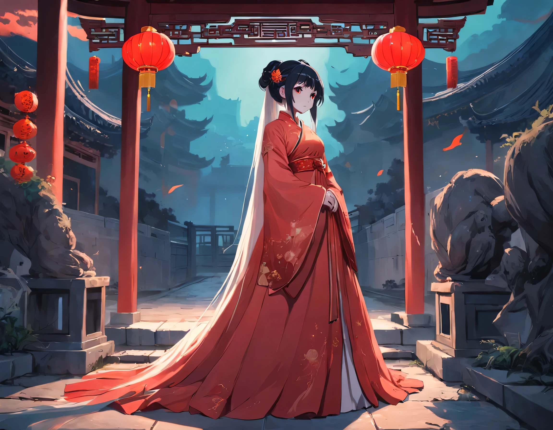 China-style,Wearing a red wedding dress,Poignant female ghost,terroral,uncanny,the night,cool colours。