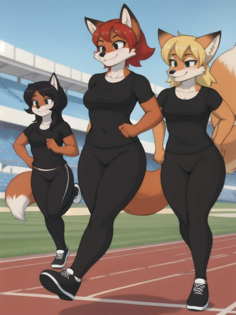 Furry, fox, female, black shirt, black leggings, shoes, running track, friends, full body