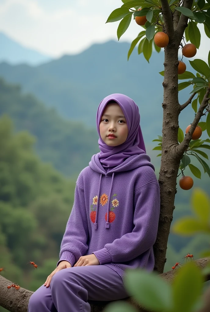 Beautiful Korean girl, smooth white skin, well-groomed face, purple hijab, purple knitted hoodie with fruit pattern, cargo pants, sitting on a very tall star fruit tree picking fruit, surrounded by red ants, mountain background, looks authentic, real and realistic in Photo