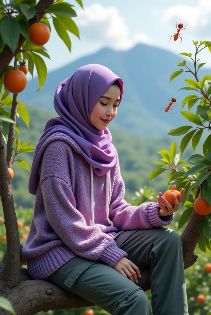 Beautiful Korean girl, smooth white skin, well-groomed face, purple hijab, purple knitted hoodie with fruit pattern, cargo pants, sitting on a very tall star fruit tree picking fruit, surrounded by red ants, mountain background, looks authentic, real and realistic in Photo