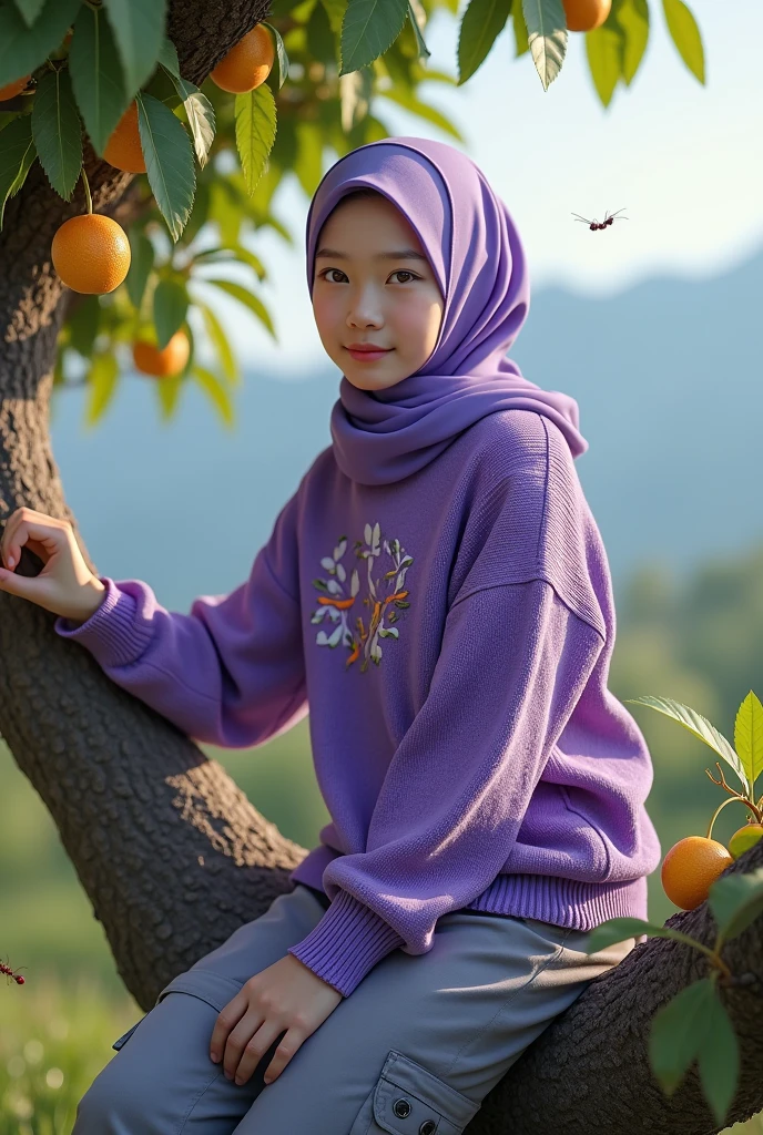 Beautiful Korean girl, smooth white skin, well-groomed face, purple hijab, purple knitted hoodie with fruit pattern, cargo pants, sitting on a very tall star fruit tree picking fruit, surrounded by red ants, mountain background, looks authentic, real and realistic in Photo
