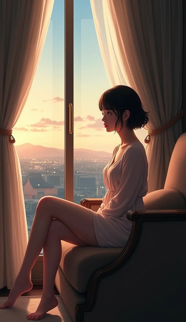 (masterpiece, 1girl, Japanese, 4, short black hair, (sitting pose, legs open:1.2), facing window, luxury hotel room, evening light)
