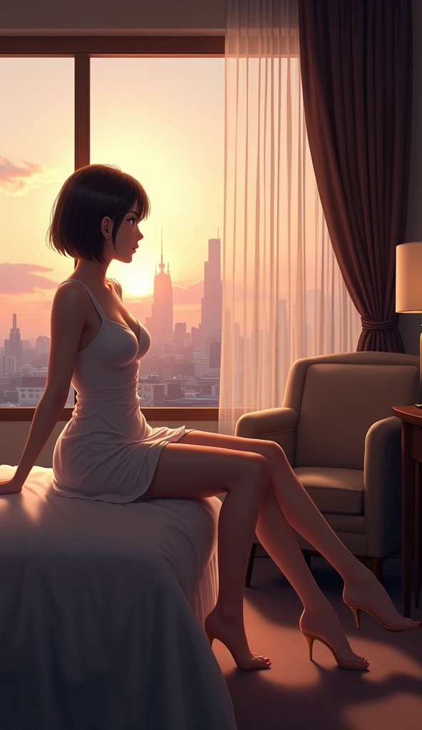 (masterpiece, 1girl, Japanese, 4, short black hair, (sitting pose, legs open:1.2), facing window, luxury hotel room, evening light)