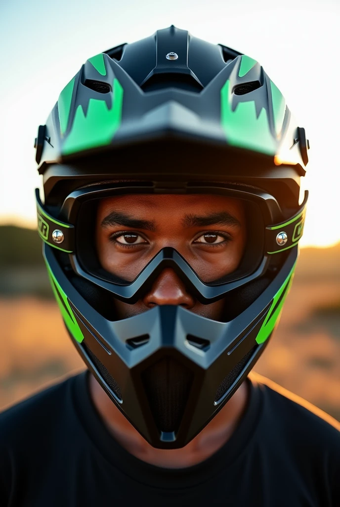 A selfie of a dark-skinned man wearing a black motocross helmet with green accents , polarized motocross glasses . The helmet, The glasses completely cover his face and nose.. The scene takes place outdoors, under natural daylight, with an open landscape in the background showing distant trees and hills