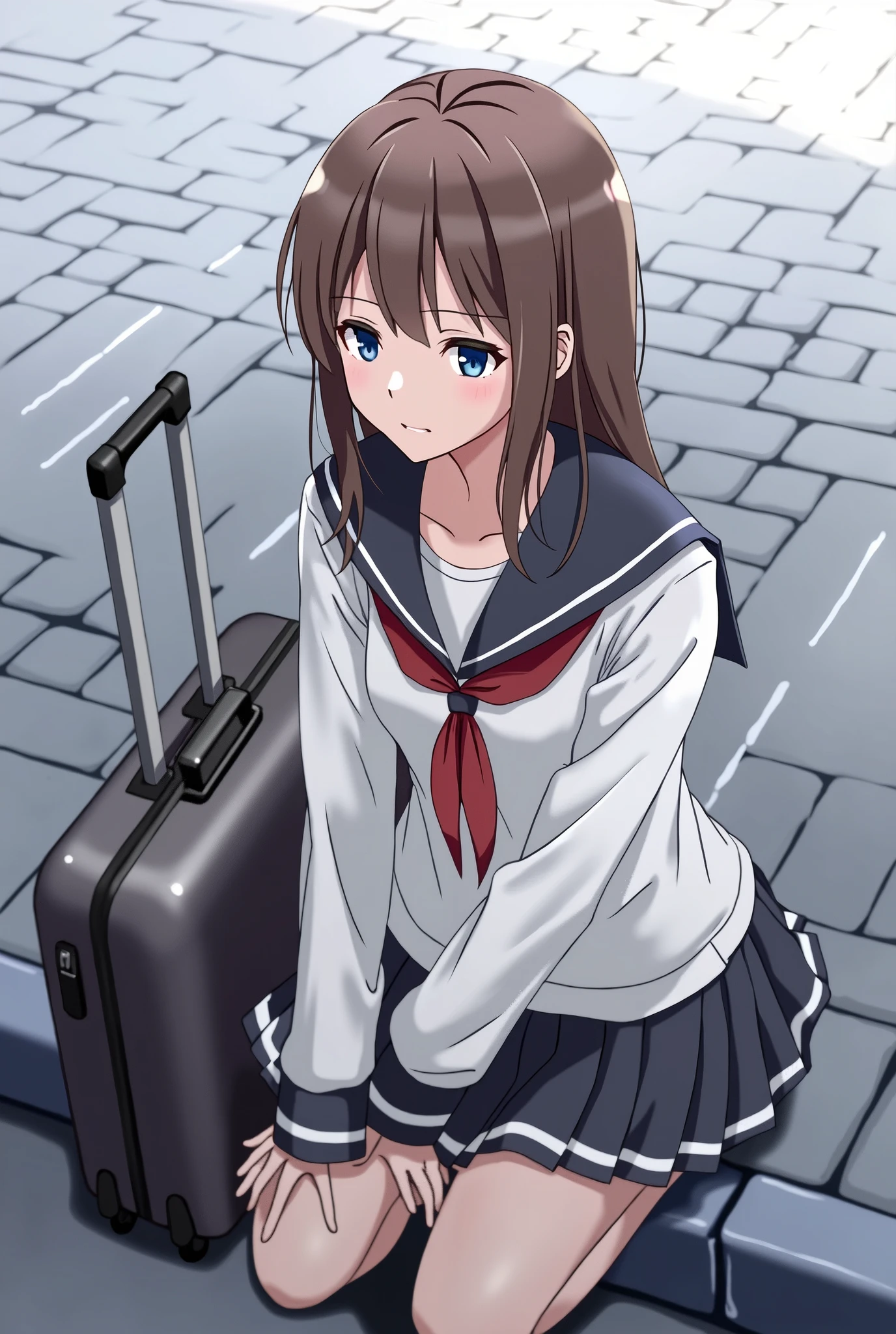 there is a woman sitting on a curb with a suitcase, (hair swept bangs:1.3), (brown hair:1.3),  anime style, from girls frontline, fine details. girls frontline, girls frontline universe, girls frontline style, girls frontline, girls frontline cg, loose coat collar sailor uniform, sailor uniform, kantai collection style, beautiful anime high school girl, sailor clothing, 