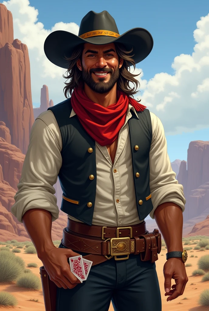 man, brown skin, brown hair., 
He has a long messy hairstyle,  with a white streak in his hair,
brown eyes, and a short, well-groomed beard. 
He has a normal physique, wears a black cowboy hat with a yellow band on it., 
He wears a black vest over a rolled-up white dress shirt, a red scarf around his neck, pants with a buckle, and boots with spurs. He is cheerful and well-liked, and he carries two decks of cards with him I would like it to be in a mature style, with the art in a fantasy and RPG style set in the Old West. in 1857