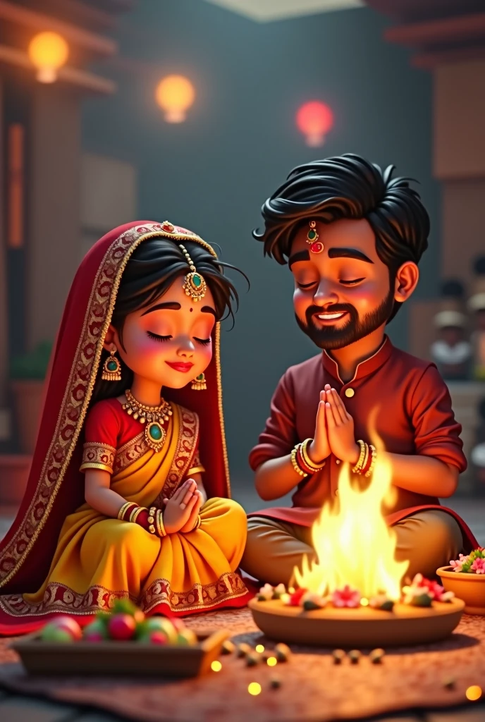Young couple sitting in pooja in front of a pyre. Bride yellow saree with red veil. Eyes closed. Gold jewellery. Heavy makeup eyes closed hands in prayer. Groom in maroon kurta slight beard eyes closed. Bride slightly chubby and with dimples. Bith young looking . In devotion. Slightly sharp features. Make groom more younger and lively. Make pixar vharacters cartoonish. Eyes closed