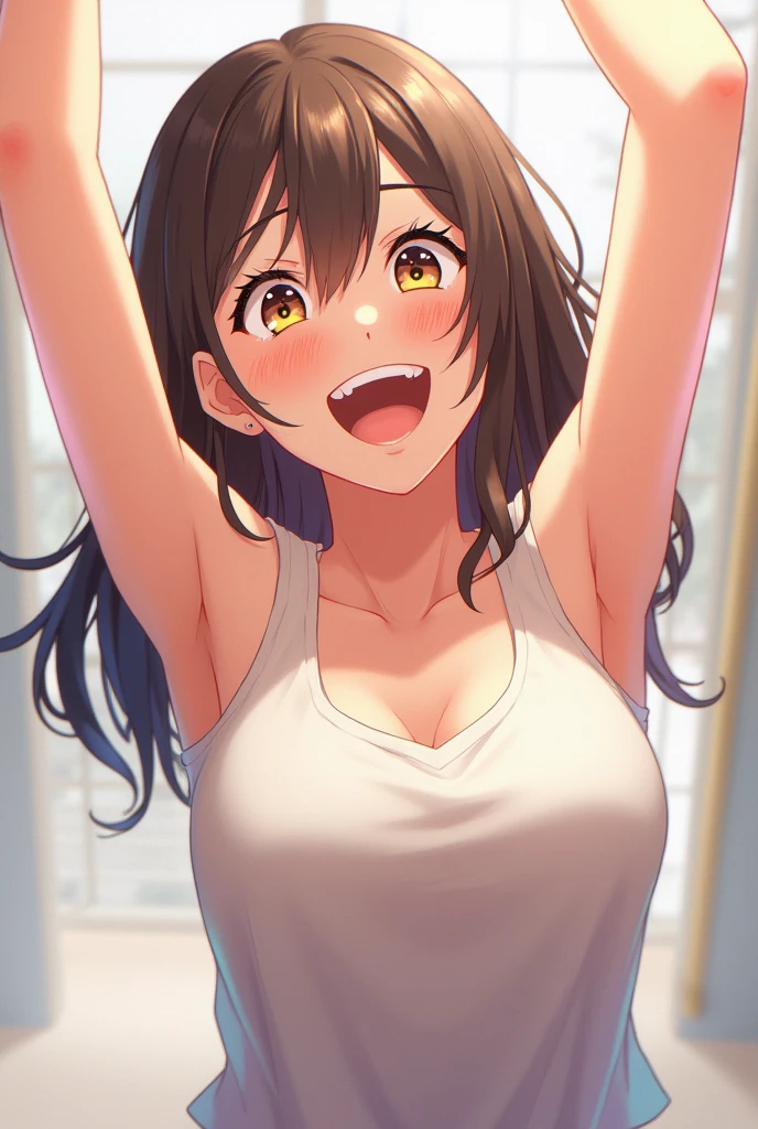 A girl laughing a lot, quite flushed and with her eyes open and watery, with both arms up, and with a sleeveless shirt. The armpits and the outer side of the chest are visible through each armpit, the fingers of a floating hand with long nails slide.