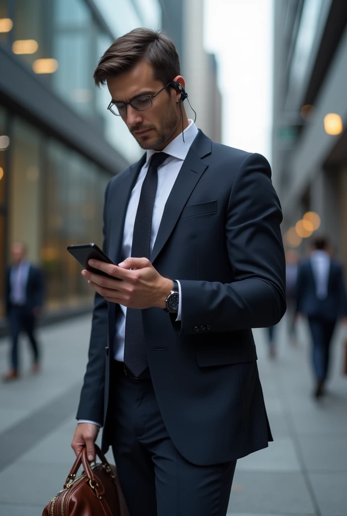 "Create an image of a professional person in a sleek, dark suit and tie, holding a leather briefcase in one hand. The person is standing in a modern city environment, possibly on a busy sidewalk or near a tall office building. They are engaged in an activity such as checking their smartphone, looking at a document, or talking on a Bluetooth headset. The background should convey a sense of urban professionalism, with subtle details like reflections in glass windows or other people in business attire."
Feel free to adjust the details based on the specific scene or mood you want to capture!
