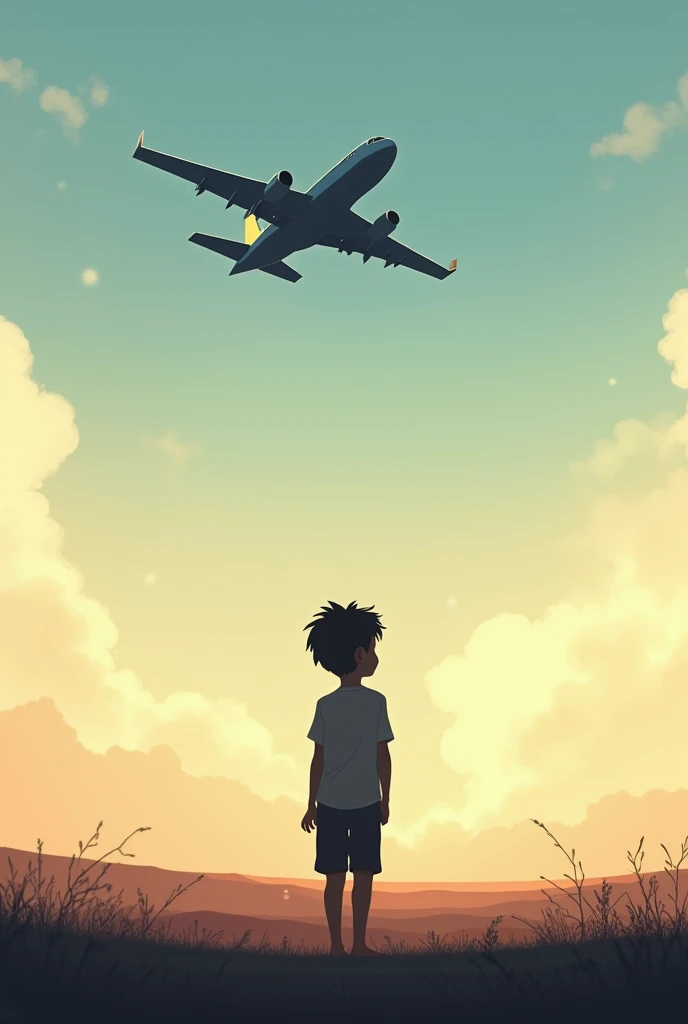 Make me a picture of a child saying goodbye to a plane taking off from the runway flying, realist, vibrant colors at sunset