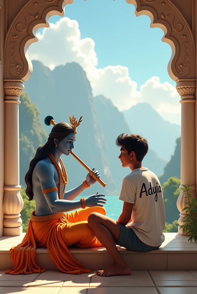 create a 3d image of 20 year old Indian boy who is sitting next to krishna ji and Krishna ji playing the flute, they both sit together on the temple  boy wearing T-shirt Name
"Aditya
" written on it, make sure text shout be misspelled, heaven like beautiful view background, peacock dancing,realistic image and Girl is in barefoot.