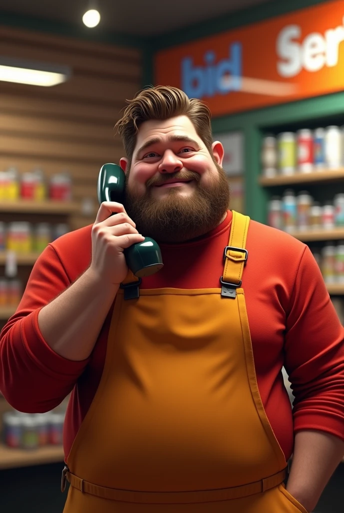 fat man, stark, Cao Cao, curly hair failed, calvo Chubby Beard answering the phone Store manager dressed as The Incredibles The arms are thick Apron that matches the stylized 3D costume, 3D character rendering, cartoon character, Character from The Incredibles, character posing, (Pixar-style) (best qualityer) (skin detailed) (detailed texture) (8k) (Argilla) (cinematic lighting) (sharp focus