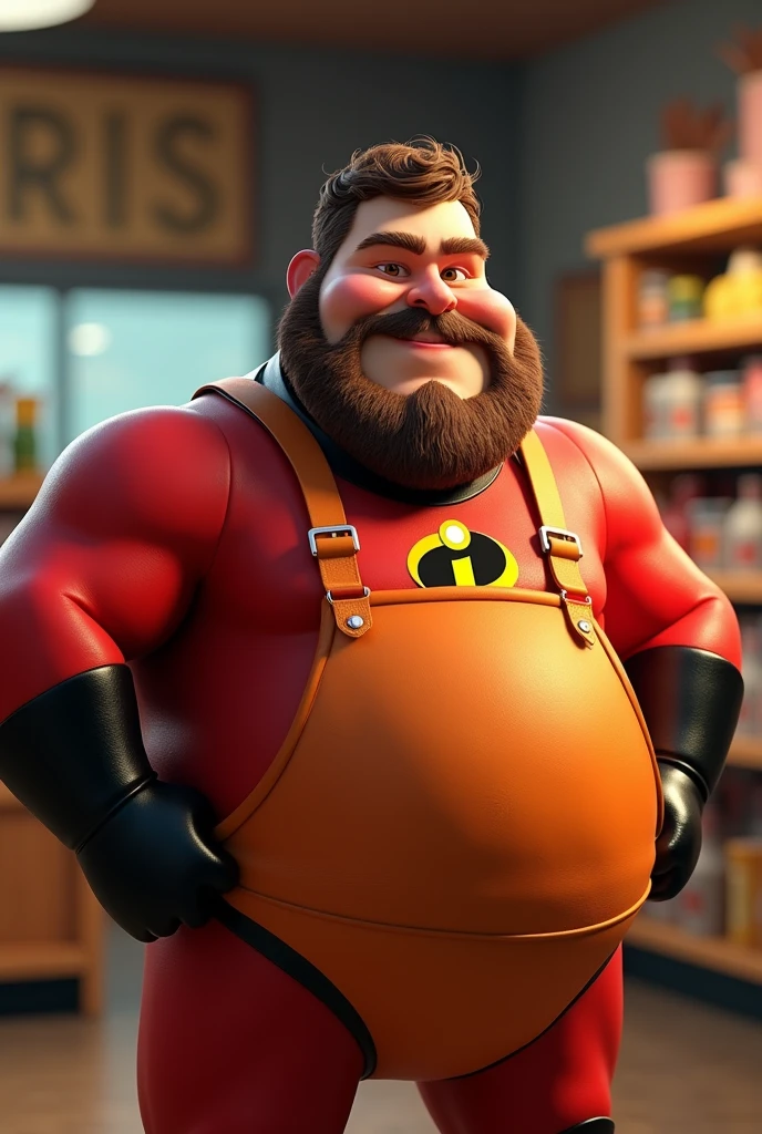 fat man, stark, Cao Cao, curly hair failed, calvo　Chubby Beard　answering the phone Store manager dressed as The Incredibles 　The arms are thick　Apron that matches the stylized 3D costume, 3D character rendering, cartoon character, Character from The Incredibles, character posing, (Pixar-style) (best qualityer) (skin detailed) (detailed texture) (8k) (Argilla) (cinematic lighting) (sharp focus