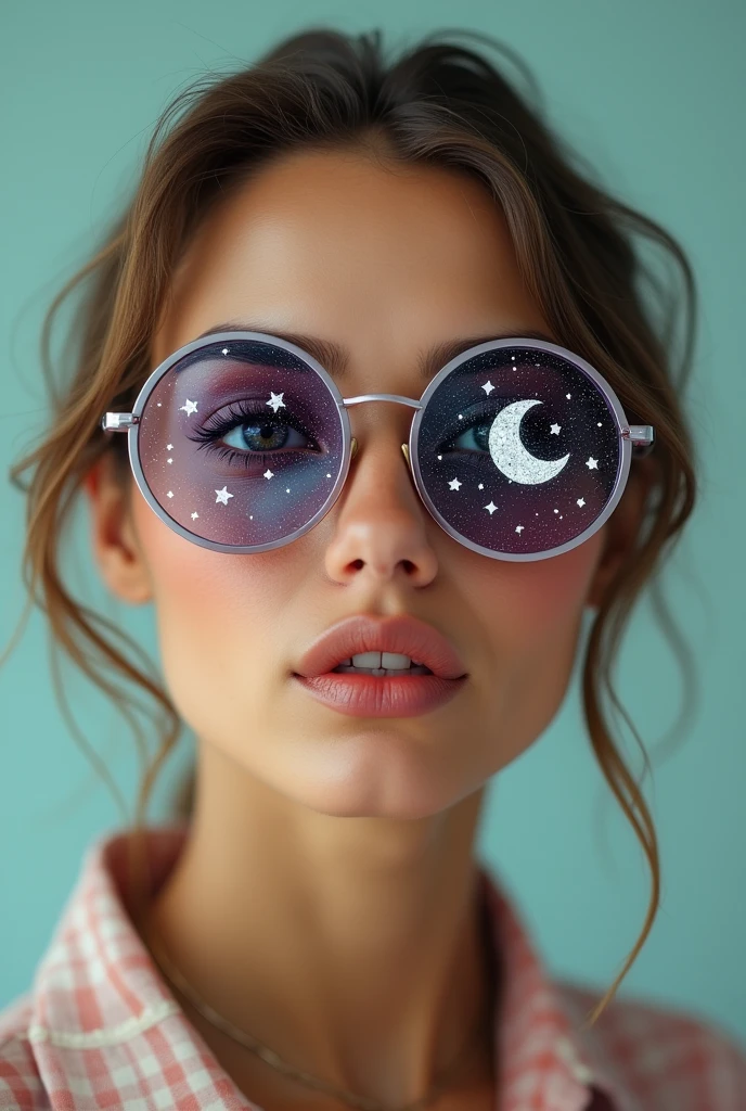 The model is wearing glass sunglasses with stars and the moon on the glass