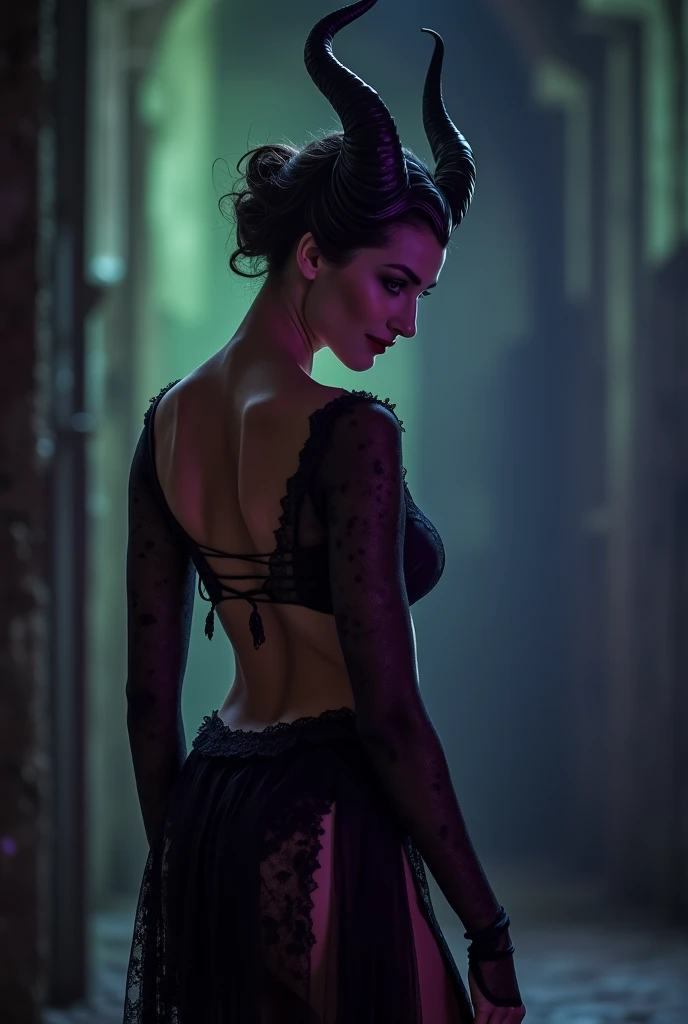A stunning portrait of Maleficent from the rear. Show her ass, scantily clad in lace draping on her body, as a mature woman in her late 50s, emphasis on her horns, purple highlights, purple reflected light, in the nude, young and beautiful, hyper realistic, real portrait, backlit, exquisite features, cleavage, sexy, seductive, unnatural light, soft light, location is the interior of a dungeon, green light, eerie, purple highlights:1.4, she is smirking, she is busty, her chin is raised, looking down at viewer, low angle shot, exquisite features, exotic, high cheekbones, show her full horns, thong underwear, narrow waist, wide hips, round ass