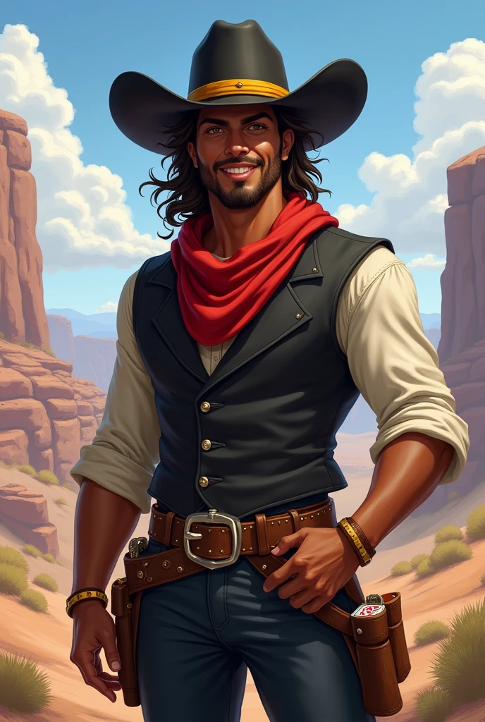 man, brown skin, brown hair.,
He has a long messy hairstyle, with a white streak in his hair,
brown eyes, and a short, well-groomed beard.
He has a normal physique, wears a black cowboy hat with a yellow band on it.,
He wears a black vest over a rolled-up white dress shirt, a red scarf around his neck, pants with a buckle, and boots with spurs. He is cheerful and well-liked, and he carries two decks of cards with him I would like it to be in a mature style, with the art in a fantasy and RPG style set in the Old West. in 1857
