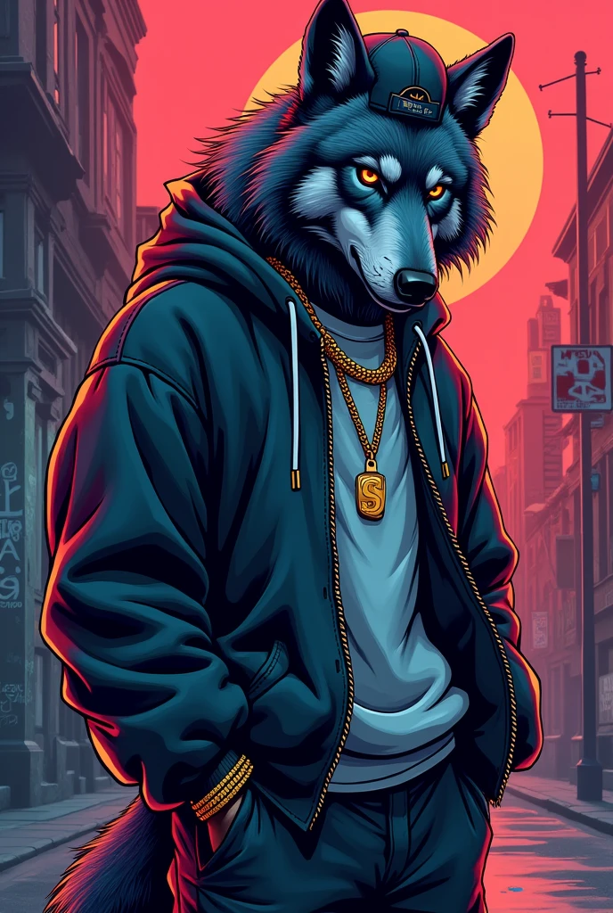 Drawing of a wolf that is dressed like the rappers of the 90s