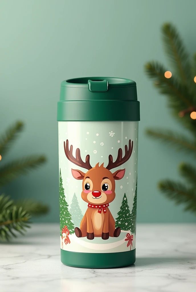 Packaging design for stainless steel thermos cup, Christmas themed, on it is a cute cartoon reindeer. The green jar lid