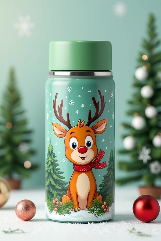 Packaging design for stainless steel thermos cup, Christmas themed, on it is a cute cartoon reindeer. The green jar lid