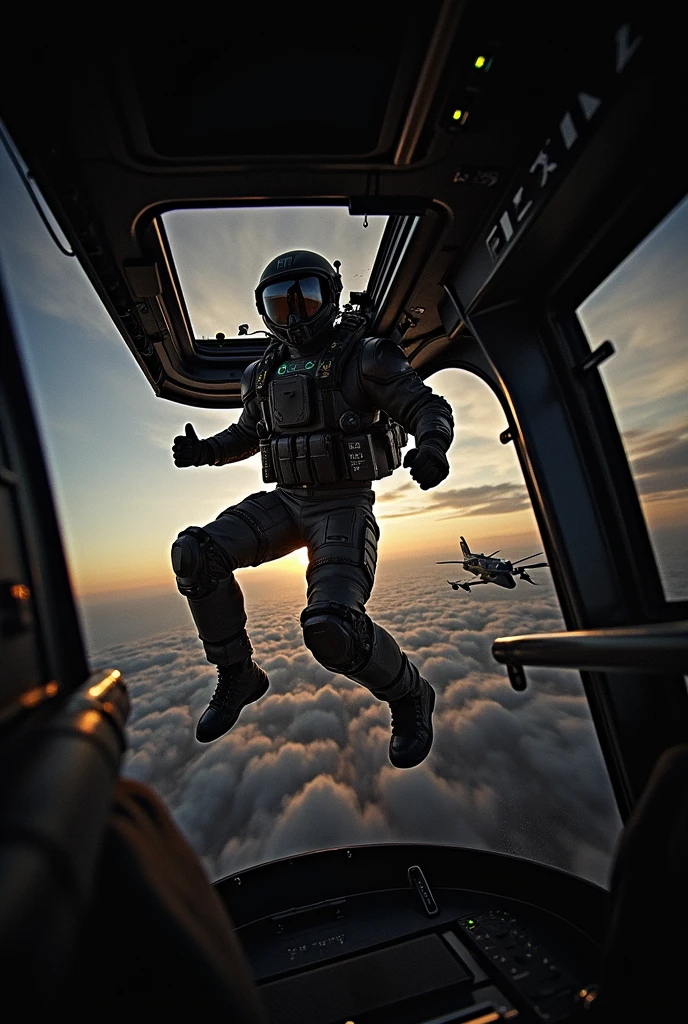 Dropping from a military helicopter,Wearing a powered suit