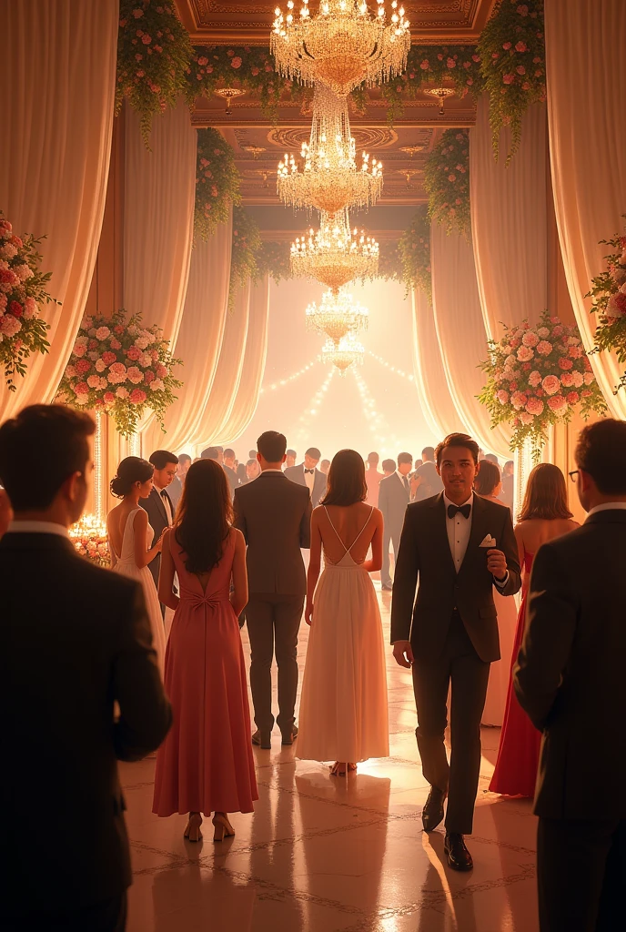 With a very nice decorated interior, generate an image of a busy wedding venue with people