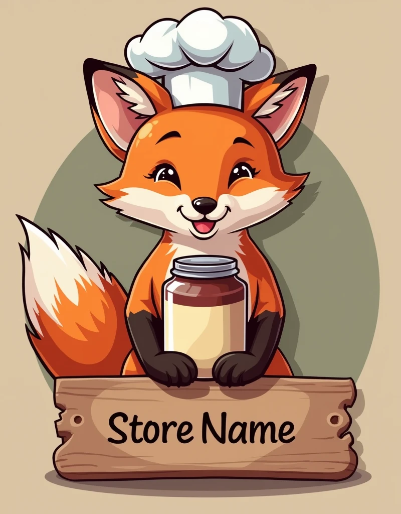 create a logo, fox with chef's hat, holding cake in jar, place to put the store name, wooden board, creative, high qualiy, realisitic,