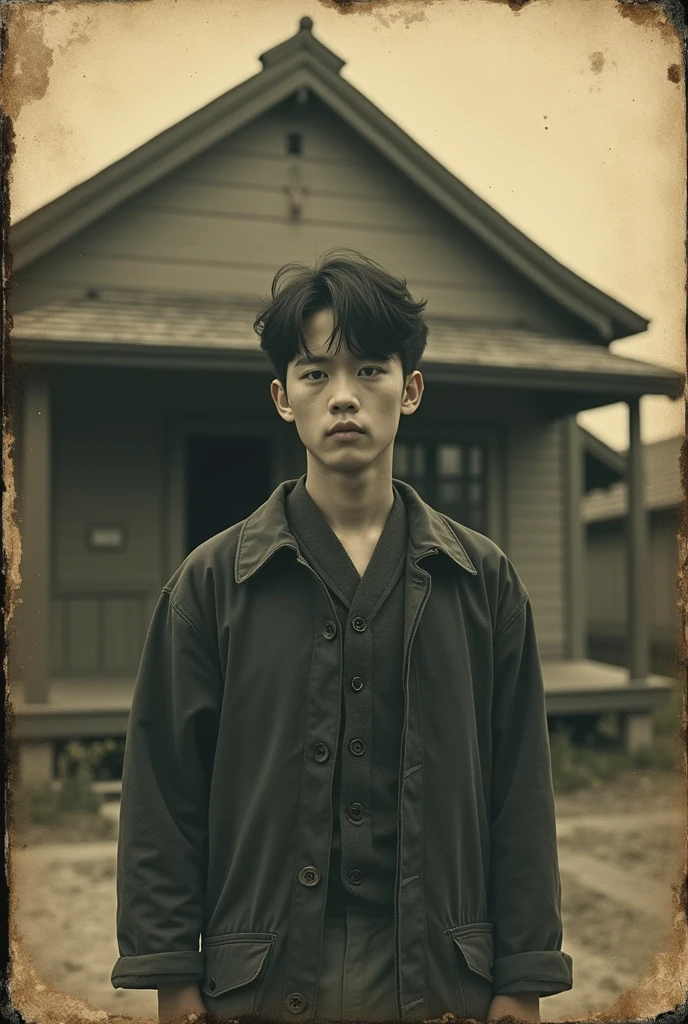 A close-up of the photo album opened to a page with a faded photograph. The photograph shows a young boy, clearly a modern Japanese man  from earlier, standing in front of the very same house. Behind him, a shadowy, indistinct figure is barely visible. The image is haunting, with a sense of impending doom.