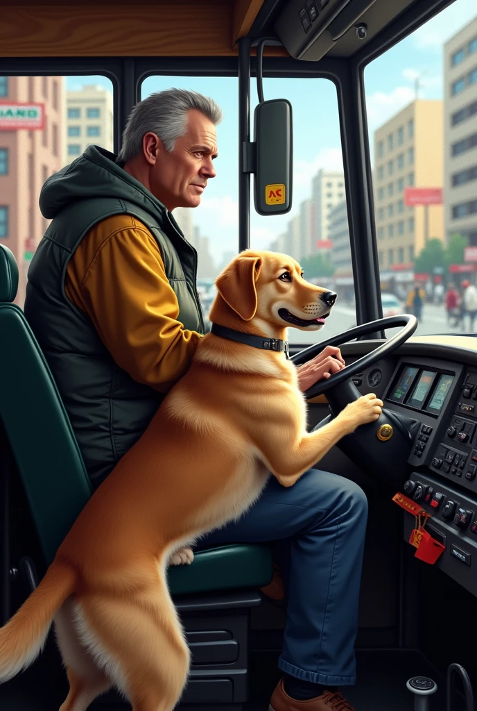 Dog help man to drive bus