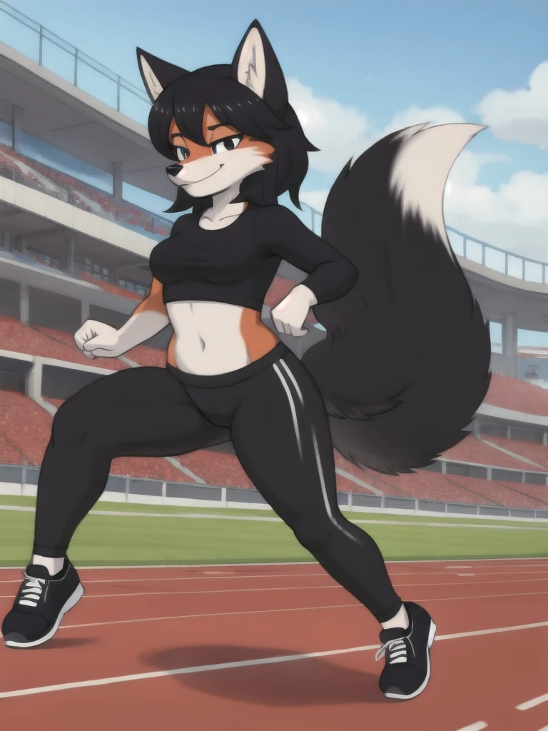 Furry, fox, female, black shirt, black leggings, shoes, running track, friends, full body