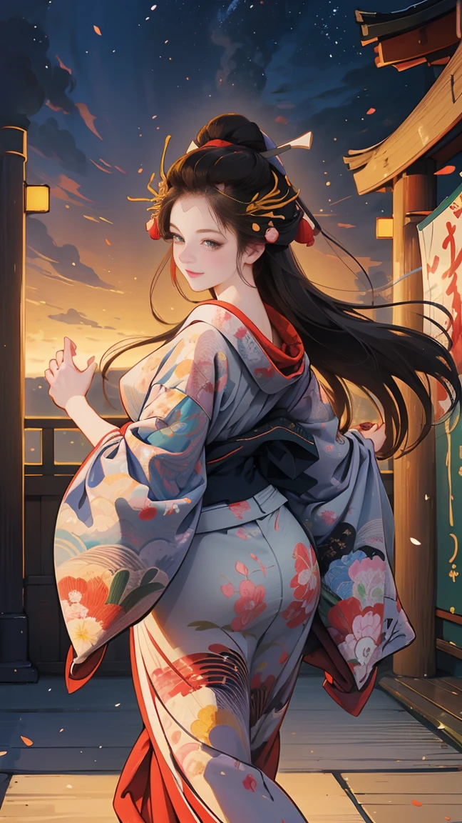 (Sea Art、I create amazing digital illustrations of beautiful women in kimonos)、Beautiful woman smiling showing her upper white teeth、Colorful Ukiyo-e style illustrations、Brown-black long hair、Beautiful full body style、If you want to dance, Dancing to Tokyo Ondo, Good good、Beautiful new digital paintings,、 Bright and vibrant digital anime art、Beautiful anime portraits、Background,The front torii gate of a Japanese shrine.、Detailed digital anime art、