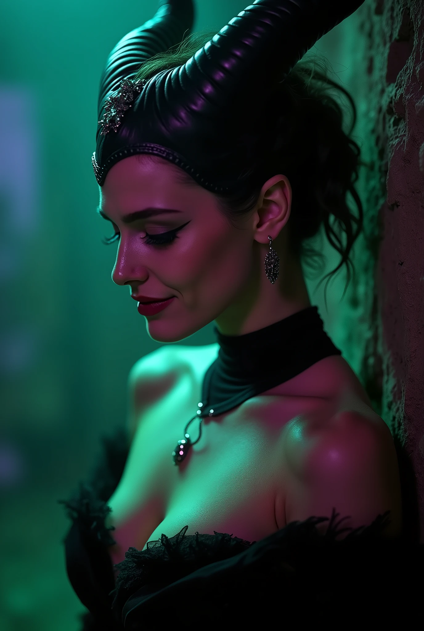 A stunning profile portrait of Maleficent, teenaged girl emphasis on her horns, purple highlights, purple reflected light, in the nude, young and beautiful, hyper realistic, real portrait, backlit, exquisite features, cleavage, sexy, seductive, unnatural light, soft light, location is the interior of a dungeon, green light, eerie, purple highlights:1.4, she is smirking, she is busty, her chin is raised, looking down at viewer, low angle shot, exquisite features, exotic, high cheekbones, show her full horns