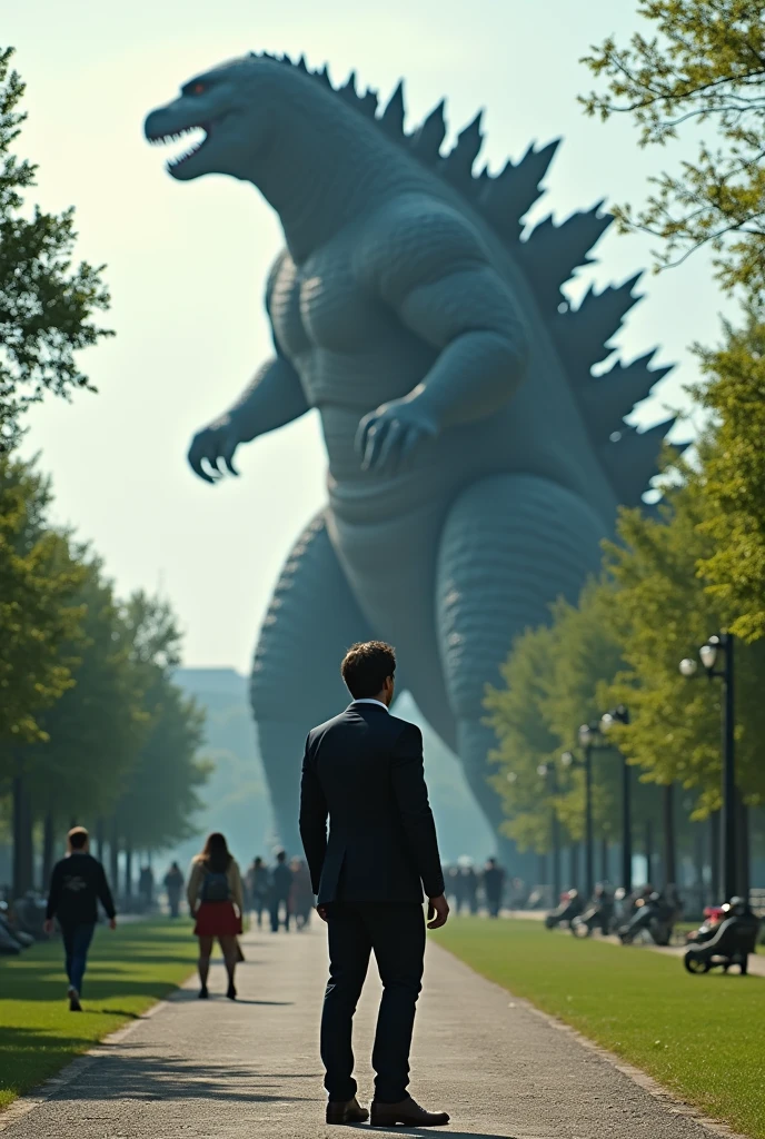 Henry Cavil and Godzilla in a park in front 