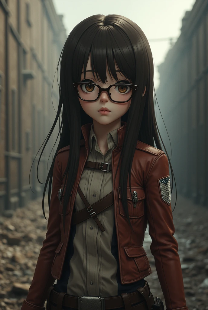 Create a girl with long straight brown hair with bangs and glasses in the Attack on Titan universe
