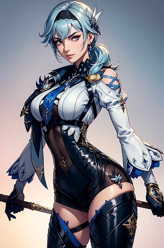 Face:
Skin: Very pale, almost porcelain-like.
Expression: A warm, confident smile, showing subtle amusement or joy.
Eyes: Large, almond-shaped, blue with a hint of purple, slightly sparkling, making direct eye contact with the viewer (looking at the camera).
Eyebrows: Thin and slightly arched, matching her hair color.
Lips: Soft pink, gently curved in a smile.
Nose: Small and slightly pointed, delicate and well-proportioned.
Hair:
Color: Light blue, soft and silky with a slight wave.
Style: Long, reaching mid-back, partly tied into a low ponytail, leaving some strands loose to frame her face.
Bangs/Fringe: Side-swept, slightly covering part of her forehead.
Texture: Smooth, with a natural shine.
Outfit:
Main Colors: Blue, white, and black.
Upper Body:
Armor: Tight-fitting, sleek, and elegant, with detailed gold embroidery and accents.
Shoulders: Armored shoulder pads, small but intricately designed with gold details.
Chest: Decorated with ornate designs, a blend of form-fitting armor and elegant fabric.
Gloves: Long, black leather gloves that cover her hands and wrists, fitted and stylish.
Lower Body:
Skirt: Asymmetrical, long on one side, shorter on the other, the back part extending further down like a tailcoat.
Skirt Details: Edges are trimmed with gold, flowing fabric that moves with grace.
Boots: High, black, and form-fitting, reaching just below the knee, with slight heels.
Accessories:
Necklace: A silver or gold chain with a large, glowing gemstone in the center, resting at her collarbone.
Earrings: Small, matching her necklace, subtly sparkling.
Sword: Large Claymore, strapped to her back, visible but not the focus, decorated with intricate engravings and a glowing blue crystal embedded in the hilt.
Pose/Expression:
Posture: Standing tall and strong, slightly angled towards the camera.
Expression: A confident, gentle smile, eyes full of warmth and directness.
Head Position: Slightly tilted, adding a playful, approachable feel.
Body Language: Relaxed yet