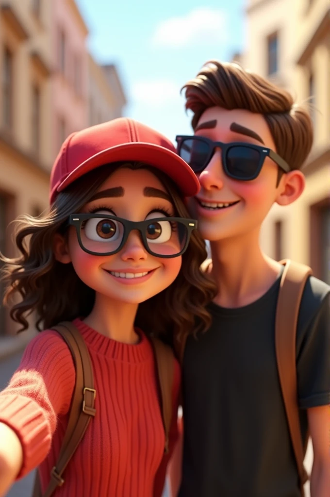 Pixar style image of a couple sitting down. The girl is in front taking the photo. She has a red sweater and glasses. She has wavy brown hair., white skin and wearing a red baseball cap, The boy behind her is white-skinned, He is wearing sunglasses and has straight hair combed back., He is wearing a black t-shirt, He is looking away smiling