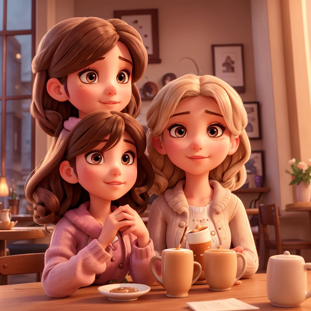 a girl drinking coffee with her best friend, beautiful detailed eyes, beautiful detailed lips, extremely detailed eyes and face, long eyelashes, warm lighting, cozy cafe interior, intimate conversation, soft pastel colors, photorealistic, 8k, best quality, masterpiece, professional, photo-realistic, realistic, vivid colors