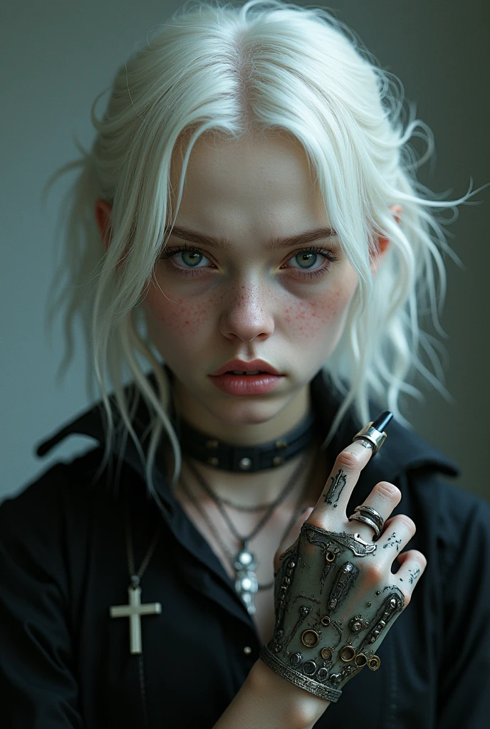Middle-aged albino ager with an angry look and white hair violet eyes soft freckles, you came in black with a cross necklace and a mechanical hand with steampunk technology