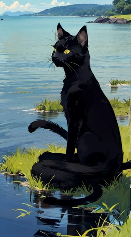 A black cat, wearing only a loincloth made of grass, sitting in a 'taiiku-zuwari' (hugging knees) posture on a very small island floating in the sea, gazing into the distance with a dejected expression. The scene is both tragic and comical.