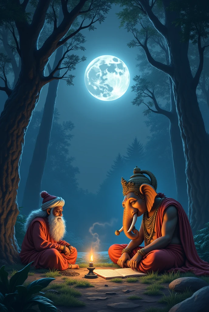 One man (lord Ganesha) with elephant head writes books in front of one old bramhina pandit with white beard ,in the middle of forest at night time full moon ,The elephant head man writes books under the lamp light