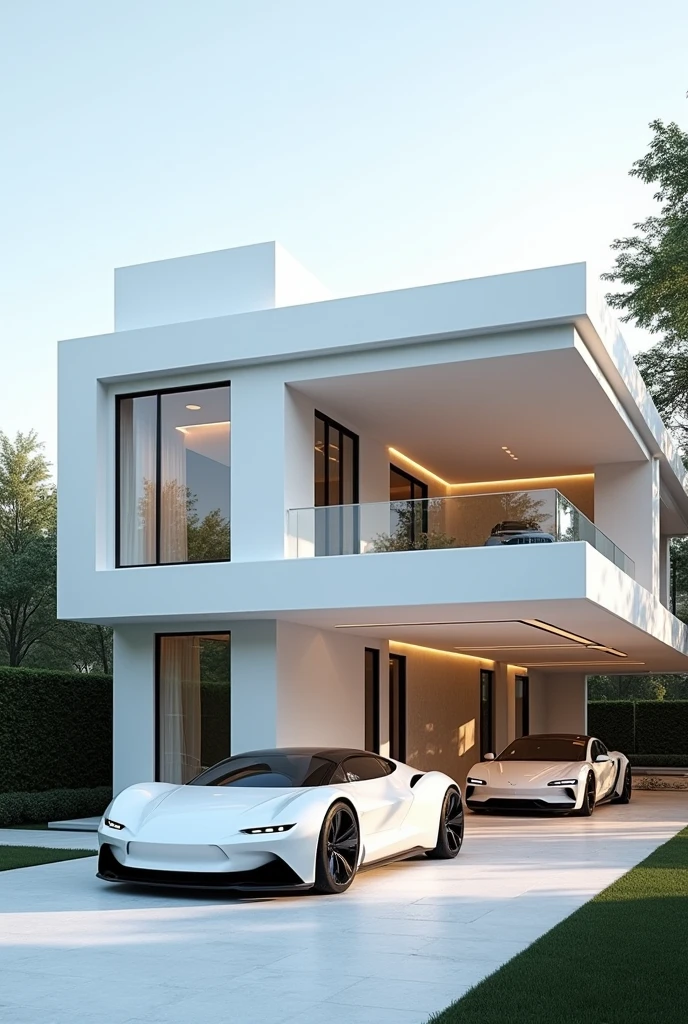 house, two floors, white, luxury, car of the future in the garage