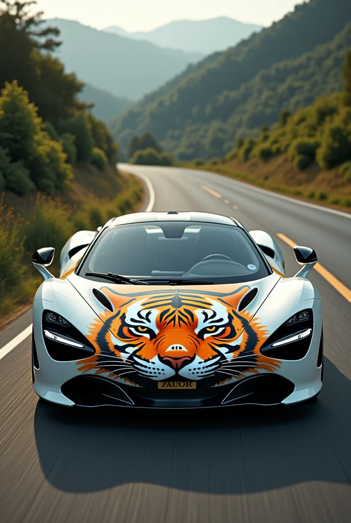 A white car on road with tiger face
