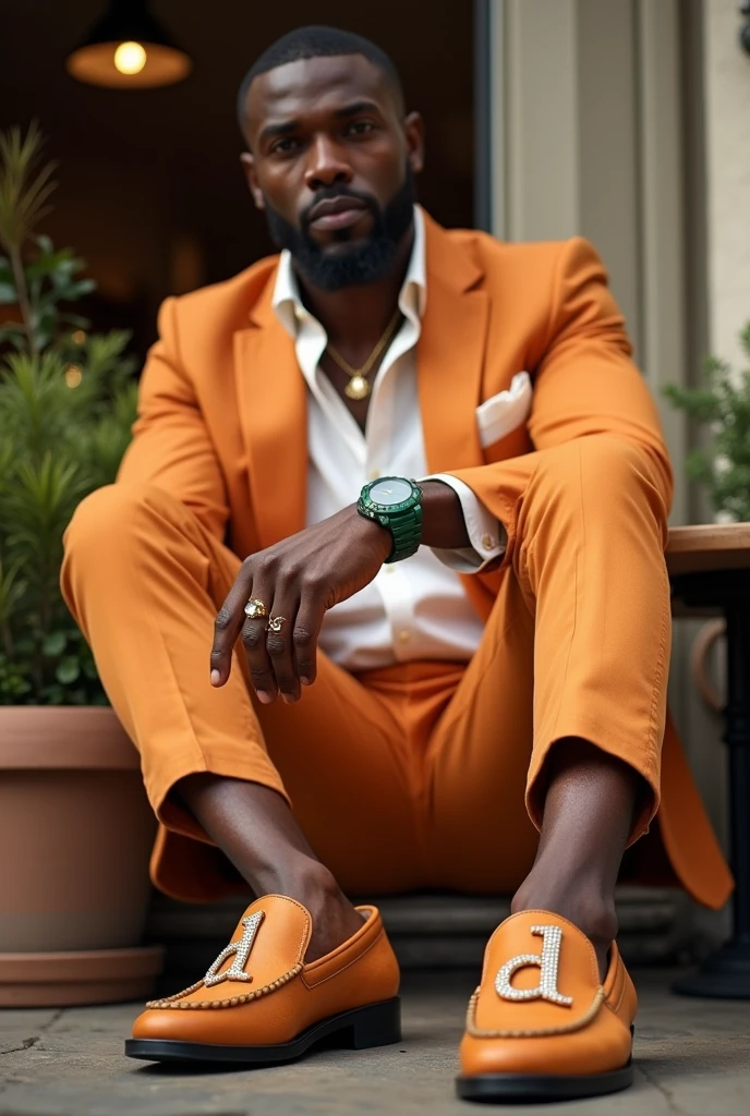 Forty year old black man, very elegant and sophisticated, very strong athletic build, with a goatee, wearing jewelry and a modern bowler hat, cream linen shirt and summer suit, Slim Italian style tailored cut, in pumpkin color Italian moccasin shoes,in pumpkin colors with beige letters D written on the left shoe, of the letter L, in the right shoe in large size, both letters use rhinestones on the edges, without wearing socks The model is sitting wearing a green Rolex in a bistro in the late afternoon.
The image angles prioritize viewing the model's shoes.
image from bottom to top