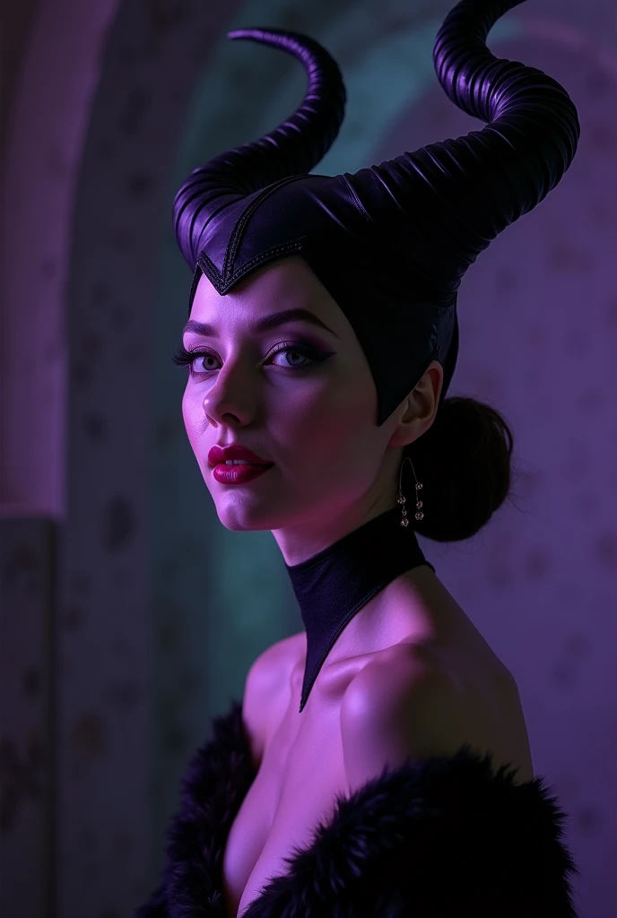 A stunning profile portrait of Maleficent, aged girl emphasis on her horns, purple highlights, purple reflected light, in the nude, young and beautiful, hyper realistic, real portrait, backlit, exquisite features, cleavage, sexy, seductive, unnatural light, soft light, location is the interior of a dungeon, green light, eerie, purple highlights:1.4, she is smirking, she is busty, her chin is raised, looking down at viewer, low angle shot, exquisite features, exotic, high cheekbones, (((show her full horns)))